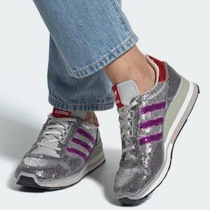 Authentic Officers Adidas ZX 500 W FY4824 Silver color Sequin textile upper.